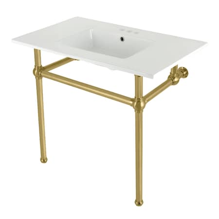 Kingston Brass 37 Console Sink with Brass Legs 8Inch, 3 Hole, WhiteBrushed Brass KVBH37227W4BB